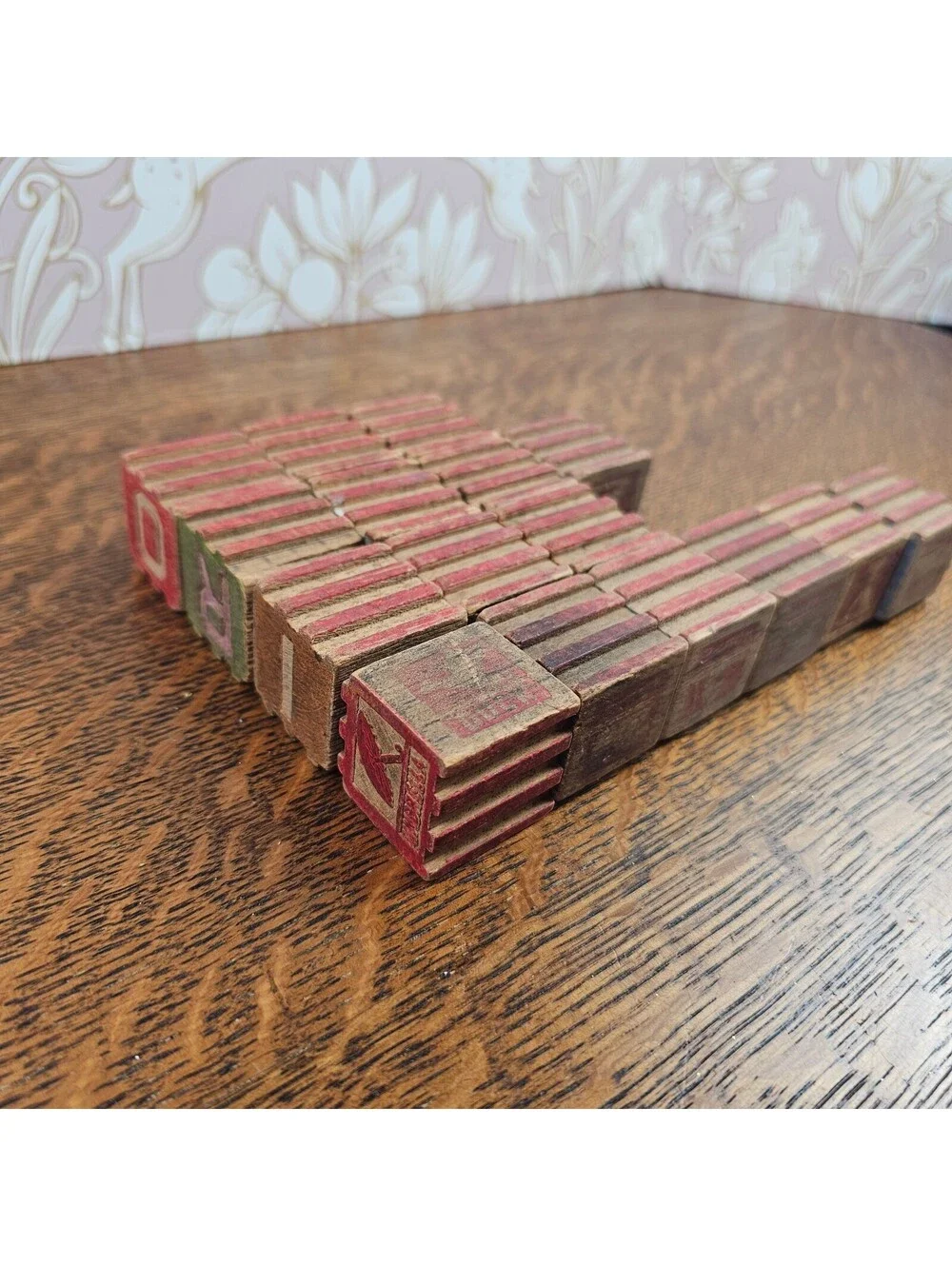 Vintage Interlocking Wooden Alphabet Blocks Lot 16 ABC Picture Toy Raised Stripe
